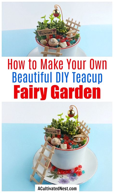 Diy Fairy Garden Accessories, Teacup Fairy Garden, Fairy Teacup, Diy Miniature Garden, Garden Props, Allium Sphaerocephalon, Sticks Diy, Indoor Fairy Gardens, Crafts Recycled