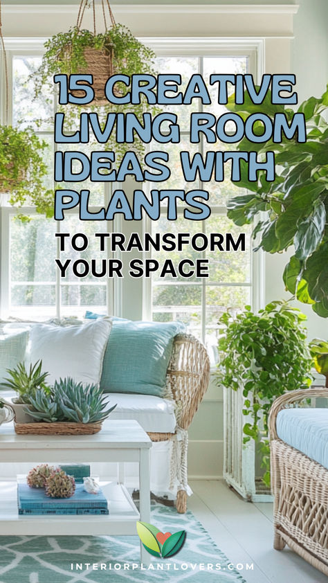 Bright and airy living room ideas with plants, highlighting hanging greenery in wicker baskets, potted plants on the floor, white sofas, and large sunlit windows. Style Plants Living Rooms, Plant Stand Ideas Indoor Living Rooms, Craft Room With Plants, Indoor Hanging Plants Ideas Living Room, Styling Indoor Plants, Plant And Book Room Aesthetic, Living Room Plants Decor Small Spaces, Plants Bay Window, Plant Rooms Ideas