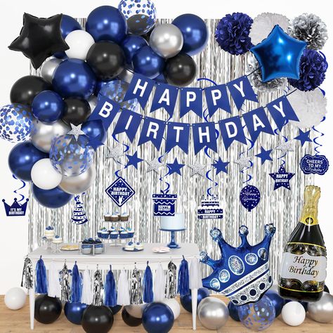 PRICES MAY VARY. Navy Blue Birthday Decorations: Our valuable birthday decorations for men include 2pcs silver foil fringe curtains, 4pcs black and blue foil balloons(40"champagne bottle/30"crown/18"starx2), 20pcs 10" navy blue balloons, 10pcs 10"metallic silver balloons, 12pcs 10"white/black latex balloons, 10pcs12"blue confetti balloon, happy birthday banner, 6pcs 6"paper flowers, 15pcs tissue tassels(5blue, 5silver, 5white), 8pcs birthday cutouts, 8pcs hanging swirls, start dots banner and ba Blue And Black Decorations Party, White And Blue Birthday Decoration, Blue And White Birthday Decorations, Blue Silver Party Decorations, Blue Birthday Decorations For Men, Adult Male Birthday Party Ideas, Birthday Ideas Blue, Blue And Silver Birthday Decorations, Guy Party Themes