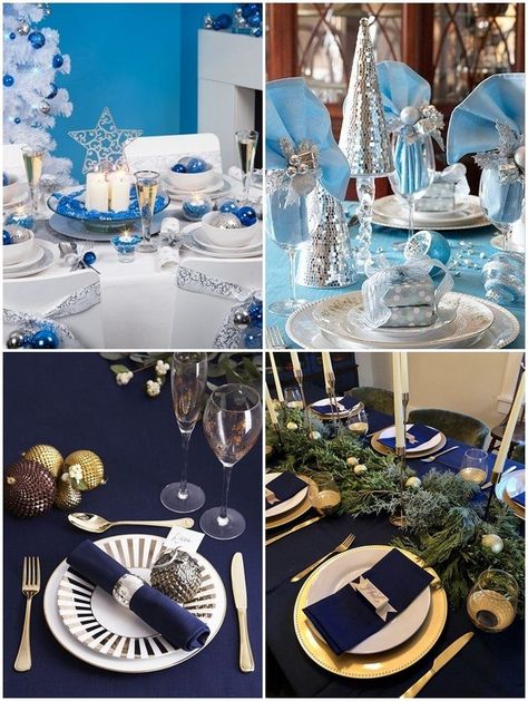 Blue And Silver Christmas Table Decor, Blue And Silver Table Decorations, Blue And Silver Table Setting, New Years Eve Table, Winter Bbq, Gold Table Decorations, Christmas Tables, Blue Christmas Decor, Xmas Dinner