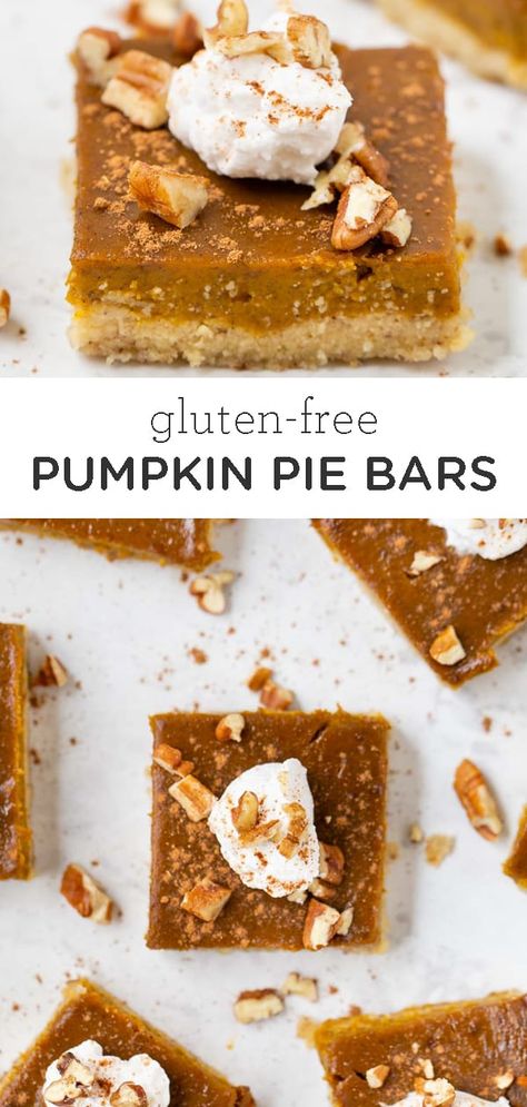 How the make the BEST Gluten-Free Pumpkin Pie Bars with just a few simple ingredients! These bars have a crispy almond flour crust and a naturally sweetened pumpkin pie filling on top. So easy and SO good! Perfect homemade Fall or Thanksgiving dessert and great for a crowd. #pumpkinpiebars #healthypie #pumpkinpie #glutenfreepie Pumpkin Pie Bars Easy, Gluten Free Pumpkin Pie Bars, Thanksgiving Desserts Pie, Easy Bars, Pumpkin Easy, Gluten Free Pumpkin Pie, Healthy Pumpkin Pies, Pumpkin Recipes Easy, Vegan Pumpkin Pie