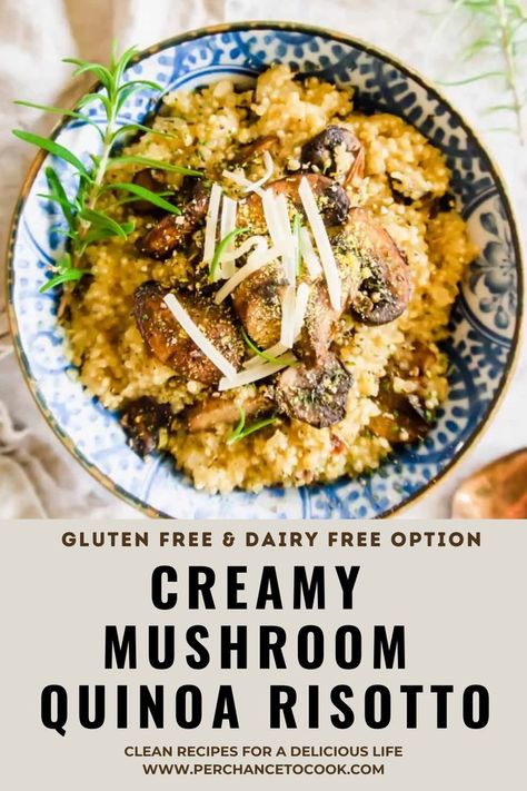 Creamy Mushroom Quinoa Risotto recipe. A delicious quinoa dish made in a similar fashion to risotto, where chicken broth, coconut milk and spices are slowly added until absorbed and creamy. Creamy Mushroom Risotto, Risotto Vegan, Quinoa Risotto, Mushroom Quinoa, Vegan Risotto, Quinoa Dishes, Plantbased Recipes, Vegan Quinoa, Cook Healthy