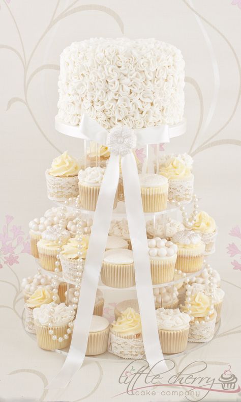 Ivory Ruffle Cupcake Tower - Vintage style Ivory Ruffle cake with matching cupcakes, edible brooches, pearls...pretty Ruffle Cupcakes, Cake With Cupcakes, Lace Cupcakes, Cupcake Tower Wedding, Wedding Cake Pearls, Bridal Shower Cakes, Ruffle Cake, Tiered Cake, Cherry Cake