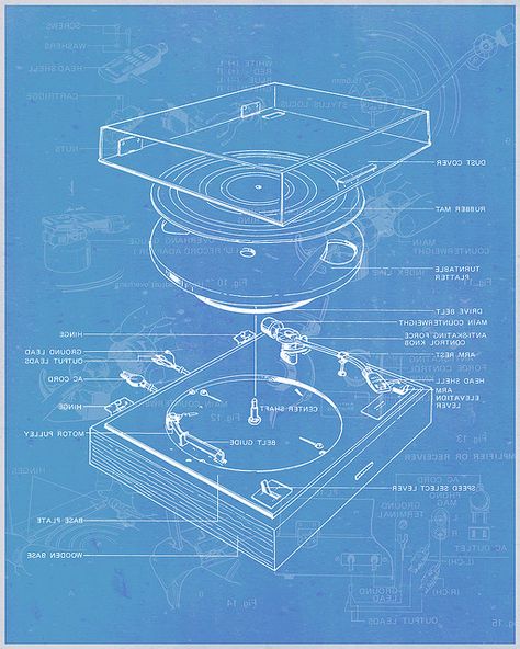 Music Studio Design, Blueprint Drawing, Tom Y Jerry, Blueprint Art, Technical Illustration, 패턴 배경화면, Information Design, Record Player, Technical Drawing