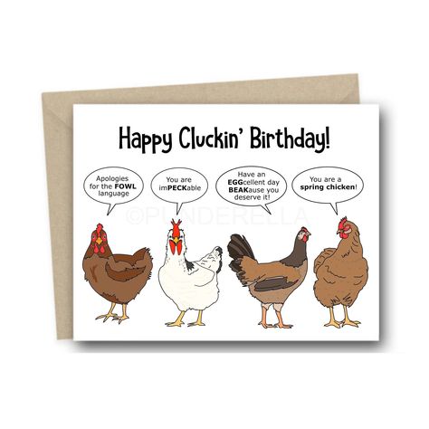 "This is the perfect birthday card for a chicken lover, rooster watcher, hen lover, and or a farmer! This card is 4.25\" x 5.5\" in size. An envelope (made of 100% recycled paper) is included and the card is blank inside. Watermark will be removed when printed. I use USPS first class mail which normally takes 3-5 days to get to anywhere in the U.S. and 7-10 days to make it to any other countries.  Priority shipping is also an option. Thanks for supporting my shop!" Chicken Birthday Cards, Happy Birthday Chicken, Punny Birthday Card, Card Puns, Chicken Greeting Cards, Chicken Birthday, Grandpa Birthday Card, Chicken Cards, Birthday Card Puns