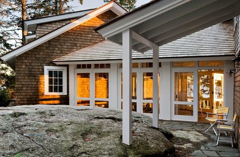 Grand View Cottage | Whitten Architects Coastal House Exterior, Traditional Porch, Three Season Porch, Maine Cottage, Wood Shingles, Porch Entry, Seaside Cottage, New England Homes, Cabin Design