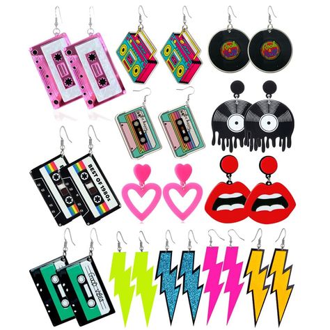 PRICES MAY VARY. Bold and Expressive: These 12 pairs of 80s and 90s neon earrings epitomize the bold and expressive nature of party music festivals. Each pair features a distinct design, such as cassette tapes, optical discs, lightning bolts, and heart shapes, showcasing the unique tastes and personalities of festival-goers, allowing them to stand out in the crowd. Diverse Colors: These earrings boast a plethora of vibrant colors and patterns, perfectly complementing the lively atmosphere of par 80s Accessories Jewelry, 80's Outfit, 80s Accessories, Halloween Party Accessories, 80s Earrings, Earrings Dangle Simple, Lightning Bolt Earrings, Retro Earring, Costume Earrings