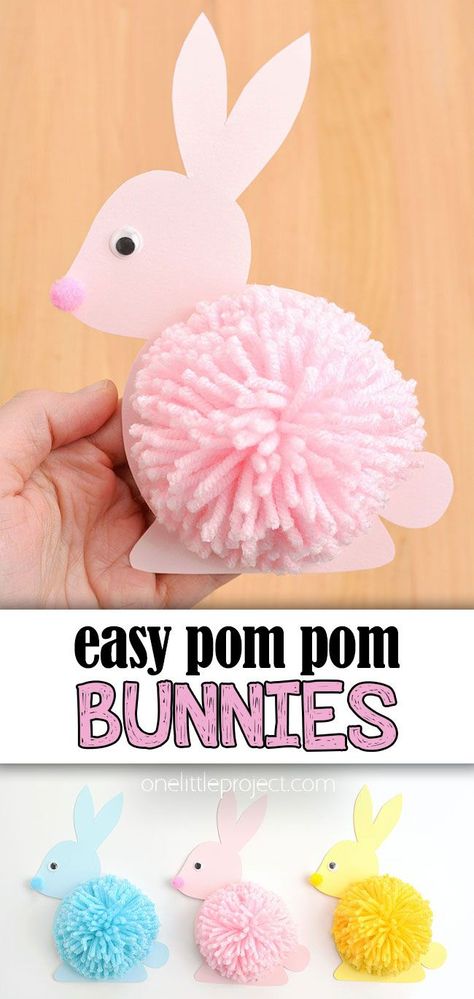 Make a super fluffy and super CUTE pom pom bunny! This kids craft is perfect for spring and Easter! Download our free printable template for the bunny's body and make a DIY pom pom using only your hand and yarn. It's such a fun and easy Easter craft for kids of all ages! Easter Crafts Diy Kids, Pom Pom Bunny, Easter Chick Craft, Pom Pom Bunnies, Yarn Crafts For Kids, Bunny Templates, Easter Arts And Crafts, Fun Easter Crafts, Easy Easter Crafts