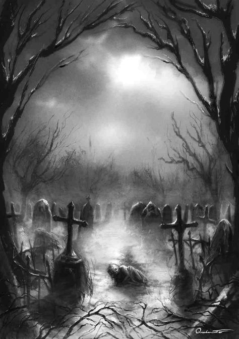 Cemetery artwork Scary Graveyard, Graveyard Tattoo, Grim Reaper Art, Tattoo Background, Gothic Fantasy Art, Cemetery Art, Old Cemeteries, Dark Art Tattoo, Horror Tattoo