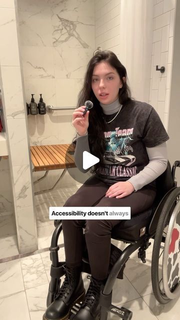 @tara_shett on Instagram: "wheelchair accessibility in the hotel bathroom! I want my bathroom at home to look like this 😂   i wish all accessibility aids looked modern like this instead of like you’re in a hospital lol    #SpinalCordInjury #paralyzed #wheelchair #WheelchairUser #WheelchairLife #DisabilityAwareness #accessibility #wheelchairtravel" Modern Disabled Bathroom, Beautiful Accessible Bathrooms, Wheelchair Accessible Bathroom Layout, Modern Ada Bathroom, Bathroom Wheelchair Accessible, Handicapped Bedroom Ideas, Wheelchair Bathroom Vanity, Wheelchair Accessible Bedroom, Handicapped Bathroom Ideas