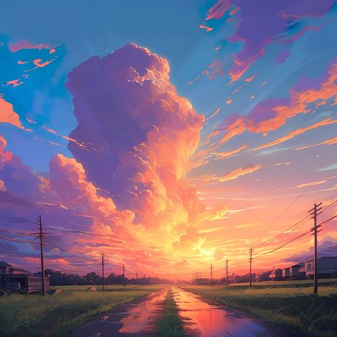 Dreamy Anime | Landscape Painting | Wall Art | Makoto Shinkai | Canvas Print | Studio Ghibli Anime Environment Art, Studio Ghibli Sunset, Studio Ghibli Art Landscape, Ghibli Sunset, Studio Ghibli Clouds, Makoto Shinkai Art, Ghibli Studio Art, Ghibli Landscapes, Studio Ghibli Landscape