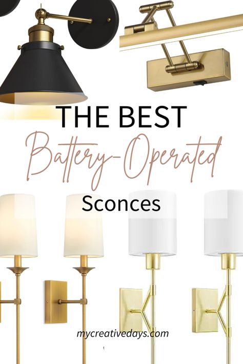 The Best Battery Operated Sconces - My Creative Days Sconces Over Built Ins, Wall Sconces No Wiring, Sconces No Wiring, Wall Sconces Tv, Battery Operated Lights Wall Sconces, Non Hardwired Sconces, Sconces Above Pictures, Wireless Sconces Living Room, How To Style A Nightstand With Wall Sconces