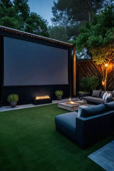 Immersive backyard movie experience Outdoor Movie Area Ideas, Backyard Movie Area Ideas, Big Backyard Lighting Ideas, Backyard Night Lighting, Home Drive In Movie Theater, Romantic Outdoor Movie Night, Outdoor Projector Screen Backyards, Ultimate Backyard Entertaining, Movie In Backyard