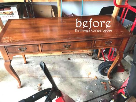 Kammy's Korner: Console Table Makeover {Upcycle A Purse Strap!} Refurbished Desk, Florida Apartment, Bookcase Makeover, Fine Antique Furniture, Painted Bedroom Furniture, Store Furniture, Thrift Store Furniture, Refinished Furniture, Desk Makeover