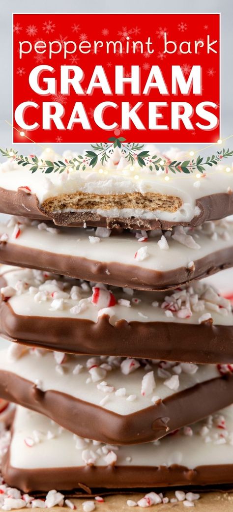 Peppermint Bark Graham Crackers are chocolate covered graham crackers in milk chocolate white chocolate, and then topped with crushed peppermint candy canes to resemble peppermint bark. This Christmas treat is easy to make with only 4 ingredients! Cracker And Chocolate Bark, Graham Cracker Chocolate Bark, Easy Christmas Treats For Gifts, Cracker Chocolate, Oreo Bark, Chocolate Covered Graham Crackers, Christmas Baking Recipes, Christmas Candy Recipes, Candy Recipes Homemade