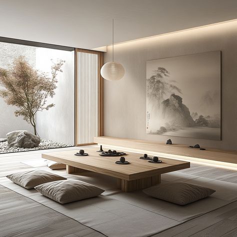 Embrace the peace and simplicity of a Zen-inspired living room. This minimalist space features natural elements like bamboo and a small indoor rock garden, perfect for creating a tranquil home environment. #ZenLiving #MinimalistDecor #AsianStyle #HomeDesign Modern Zen Home Decor, Zen Asian Interior Design, Zen Art Studio, Asian Minimalist Home, Japanese Zen Room, Asian Zen Interior Design, Zen Style Interior Design, Zen Office Space, Room Design Minimalist