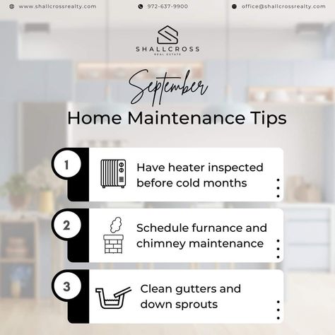 September Realtor Post, September Real Estate Posts, September Real Estate, Home Maintenance Tips, Tuesday Tips, Real Estate Memes, Home Maintenance Checklist, Real Estate Agent Marketing, Housekeeping Tips