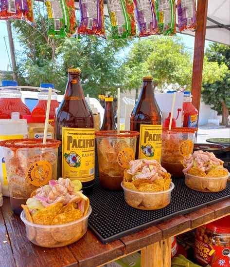 Michelada Station Ideas, Michelada Bar Station, Michelada Bar Ideas, Mexican Fruit Cups, Mexican Drink Recipes, Mexican Party Food, Mexican Restaurant Decor, Cooking Recipes For Dinner, Mexican Snacks