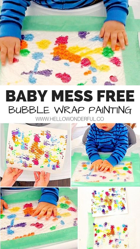 Baby Mess Free Bubble Wrap Painting. Show off your baby's first masterpiece with this fun bubble wrap painting! #babypainting #babyactivity #babyart #kidspainting #kidsart #kidscrafts #babycrafts #ubbblepainting Bubble Wrap Painting, Bubble Wrap Crafts, Baby Art Activities, Bubble Wrap Art, Fun Ideas For Kids, Mess Free Painting, Bubble Activities, Infant Classroom, Infant Room