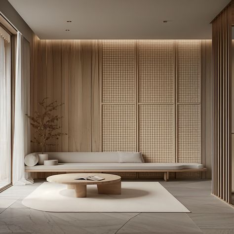 “In a world full of noise, Japandi style offers a visual whisper, serene and unobtrusive.” The spaces are characterised by a serene and unobtrusive aesthetic, featuring natural wood tones, clean lines, and a muted colour palette. Furniture pieces are low-profile and built-in, enhancing the sense of simplicity and flow. Light is softly diffused through woven panels, creating a warm and inviting atmosphere. The design emphasise calmness and order, making each room feel like a tranquil retreat ... Green Aesthetic Furniture, Japan Style Interior, Japan Living Room, Zen Interior Design, Japan House Design, Neoclassical Interior Design, Palette Furniture, Japandi Interior Design, Zen Interiors