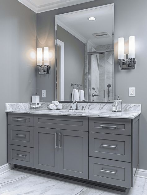 What Color Vanity Goes With Grey Walls? Light Grey Walls Bathroom Ideas, Gray Cabinets White Countertops Bathroom, Gray Paint Bathroom Ideas, Gray Cabinet Bathroom Ideas, Bathroom With Grey Walls, Gray Paint Bathroom, Light Grey Vanity Bathroom, Repose Gray Bathroom, Gray Guest Bathroom