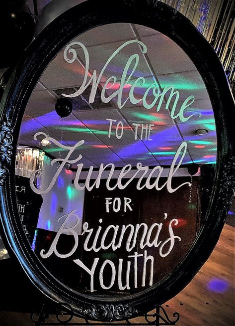 Custom Hand Lettered Welcome Sign on Vintage Mirror-Funeral for My Youth Birthday Party Rip 30th Birthday Ideas, Dirty 30 Birthday Party, 30th Birthday Party Themes, Funeral Party, 30th Birthday Ideas For Women, 30th Birthday Themes, 30th Bday Party, 30th Birthday Bash, 20th Birthday Party