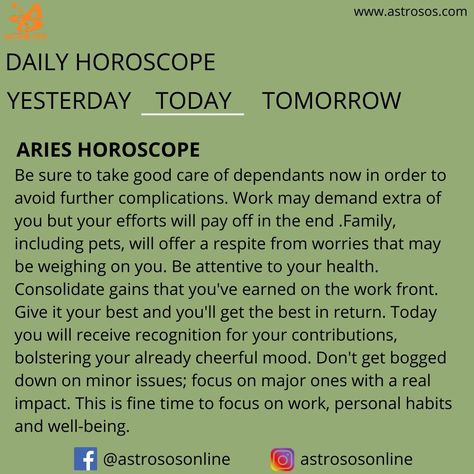 ARIES - Be sure to take good care of dependants now in order to avoid further complications. Work may demand extra of you but your READ MORE CLICK ON LINK Aries Horoscope Today, Today Horoscope, Aries Horoscope, Yesterday And Today, Daily Horoscope, For Today, No Worries, Quick Saves