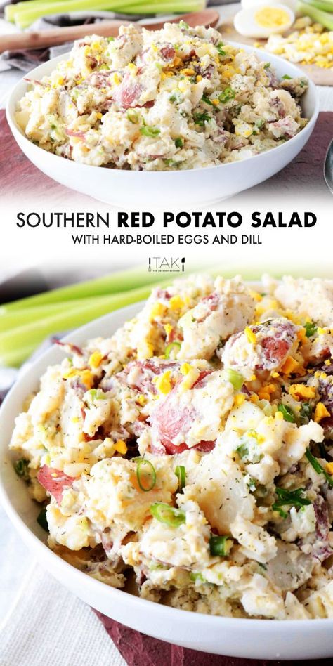 Red Potato Salad is side dish perfect for feeding a crowd! Red Potatoes are mixed with hard-boiled eggs, celery, and green onions, coated in a simple dressing of sour cream, mayonnaise, and dijon mustard, and finished off with a sprinkle of tangy dill. It's best served at BBQ's, potluck parties, and holiday gatherings! Red Potato Salad With Sour Cream, Dijon Mustard Potato Salad, Potato Salad With Dijon Mustard, Red Skin Potato Salad With Dill, Red Skinned Potato Salad, Potatoe Salad Red Potatoes, Baby Red Potato Salad, Red Potato Side Dishes, Red Potatoe Salad