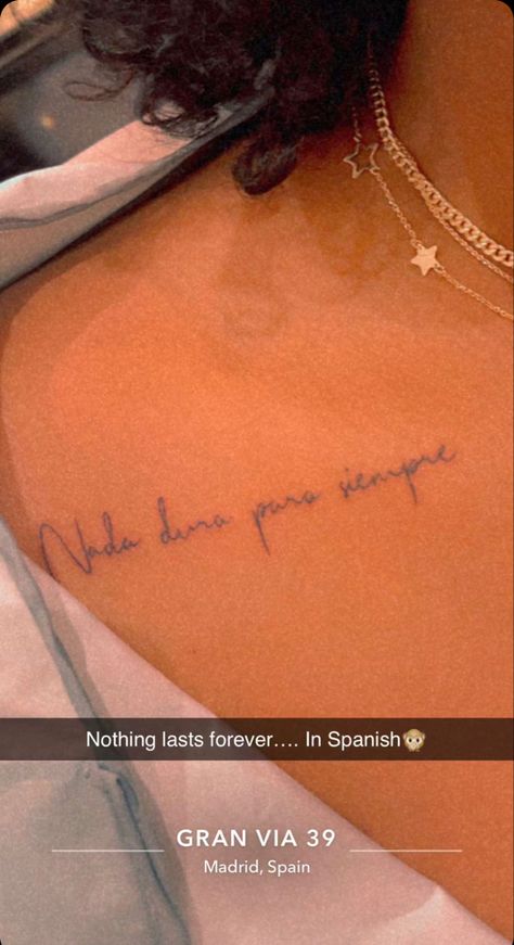 Matching Tattoos In Spanish, Small Tattoo Ideas In Spanish, Spanish Quotes Inspirational Tattoo, Spanish Collar Bone Tattoo, Tatoos Small Meaningful Spanish, Vareena Sayed Tattoos, Spanish Back Tattoo Women, Women Spine Tattoo Ideas Quotes Spanish, Spanish Quote Tattoos For Women With Meaning