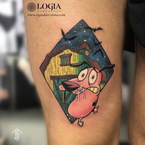 Tatuaje estilo cómic a color de Agallas el perro cobarde en el muslo realizado en Logia Tattoo  por Dif Yantra. Unicorn Tattoo Designs, Courage Tattoos, Voodoo Tattoo, Qi Baishi, Cartoon Tattoo, Cool Wrist Tattoos, Courage The Cowardly Dog, Cowardly Dog, Unicorn Tattoos