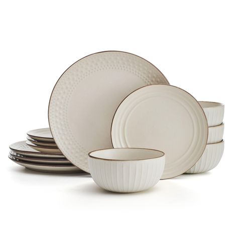 PRICES MAY VARY. VISUAL VARIETY: Janelle dinnerware catches the eye with varying embossed line and bead designs around each piece WARM AND INVITING: contemporary shapes and an earthy color palette bring a tranquil look and feel to your dinner table STRONG AND DURABLE: made from high-quality stoneware for long-lasting beauty 12-PIECE SET: includes 4 each of: 10-1/2 inch dinner plate, 8-inch salad plate, and 6-inch all-purpose bowl with a 25-fluid ounce capacity EASY CLEANING AND REHEATING: dishwa Dish Sets Dinnerware Unique, Dishwear Sets Dinnerware, Dishes Sets Modern, Hole Aesthetic, Plates Aesthetic, Dish Sets Dinnerware, Kitchen Plates Set, Farmhouse Dinnerware Sets, Dinnerware Set Modern