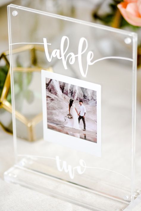 Acrylic Wedding Centerpiece or Table Number. Modern Idea by Kara's Party Ideas. instax FUJIFILM Printer-2 #AD Wedding Guest Table Centerpieces, Photo Centerpieces, Guest Table Centerpieces, Wedding Guest Table, Cricut Wedding, Desk Decorations, Number Ideas, Acrylic Frame, 카드 디자인