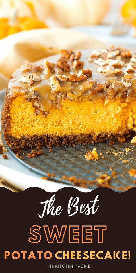 Instead of the standard sweet potato pie this holiday season, why not try this sweet potato cheesecake made with my homemade pumpkin pie spice? Sweet Potato Tart Recipes, Sweet Potato Ooey Gooey Cake, Sweet Potato Pie Cheesecake Recipe, Sweet Potatoes Cheesecake, Sweet Potato Cheesecake Recipes, Sweet Potato Pie Cheesecake Swirl, Vegan Sweet Potato Cheesecake, Sweet Potato Pumpkin Pie, Sweet Potato Cheesecake Pie Recipe