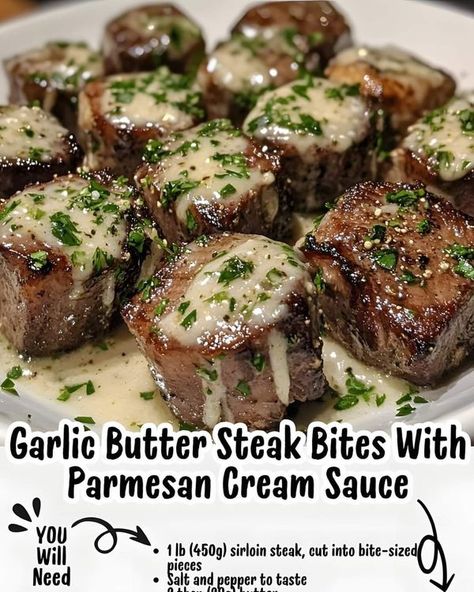 Creative Dinners, Meaty Meals, Garlic Butter Steak Bites, Butter Steak Bites, Food Plates, Carnivore Recipes, Beef Meals, Butter Steak, Parmesan Cream Sauce