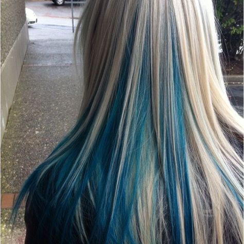 Blue Underdye Hair Blonde, White Hair Blue Streaks, Blonde Hair With Dark Blue Highlights, Blue Tips Hair Blonde, Blue Blonde And Black Hair, Blue Underneath Hair Blonde, Light Blue And Black Hair, Blue Hair With Blonde Highlights, Blonde With Blue Hair