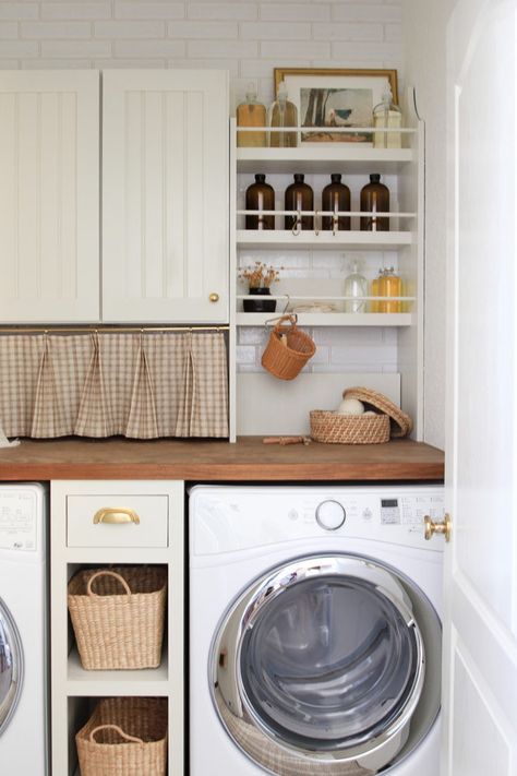 Laundry room, cabinetry mixed with open shelving for storage. Styled with functional glass bottles, pleated curtain, and woven baskets. Jennifer Flores, European Laundry, Organized Laundry, Laundry Room Hacks, Cafe Curtain Rods, Drying Racks, Pinch Pleat Curtains, Room Refresh, Laundry Area