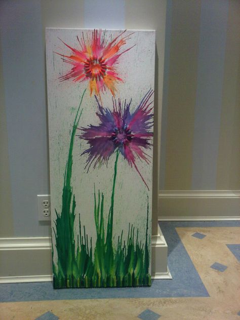 Flower Crayon Art Melted Crayon Art On Canvas, Painting With Crayons, Crayon Melting Art, Crayon Flower, Crayon Art Diy, Art Crayon, Crayola Art, Melted Crayons, Melted Crayon Art