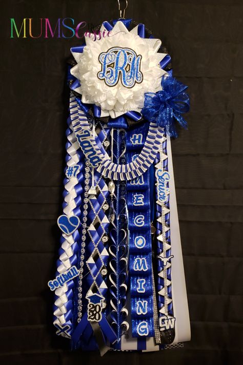 Blue and white Senior Deluxe Mum Created by Mums by Cassie Homecoming Corsage, Football Crafts, Mums The Word, Homecoming Mums Diy, Ribbon Crafts Diy, Homecoming Mums, Cheer Mom, Ribbon Crafts, School Spirit