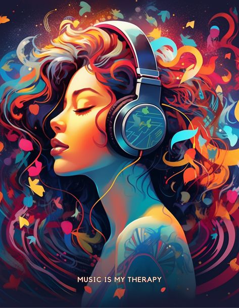 A woman listening to music on headphones Simple Digital Art, Music Is My Therapy, Music Graffiti, Therapy Design, Digital Art Programs, Musical Instruments Drawing, Acrylic Art Projects, Power Of Music, Procreate Ipad Art