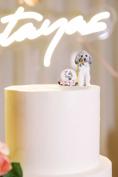 Goldendoodle Cake Topper, Wedding Cake Ideas With Dog, Simple Wedding Cake With Dog, Wedding Cake Dog Eating, Wedding Cake With Dog Eating, Dog On Wedding Cake, Wedding Cake With Dog, Dog Wedding Cake Toppers, Wedding Cakes Dog