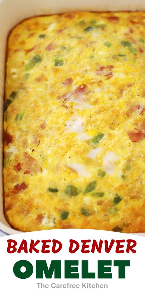 Baked Denver Omelet is perfect for busy mornings! It's hearty, delicious and can be ready on the table in no time. Just like the traditional Denver omelet, it’s chock full of ham, green peppers, onions and cheese, only baked casserole style making it a simple no-fuss breakfast for any occasion. Oven Baked Denver Omelet, Egg Omelette Casserole, Baked Egg Omlet Recipes, Baked Denver Omelet Breakfast Casserole, Oven Denver Omelet, Egg Bake With Peppers And Onions, Oven Omelette Recipe Breakfast Casserole, Denver Egg Bake, Denver Egg Casserole