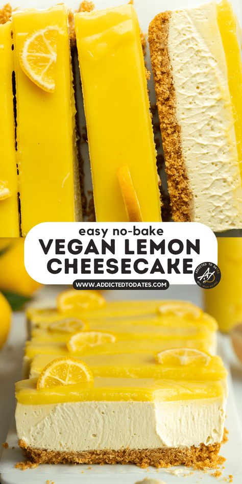 Easy Vegan Lemon Cheesecake (No-Bake) - Addicted to Dates Vegan Lemon Cheesecake, Cheesecake Delight, Tofu Dessert, Easy Lemon Cheesecake, Vegan Lemon Curd, Macrobiotic Diet, Patisserie Vegan, No Bake Lemon Cheesecake, Cheesecake Vegan