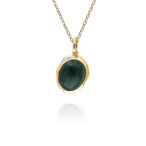 Irregular B Gem Malachite & Diamond Pendant in Gold Plated Sterling Silver Hexagon Necklace, Solitaire Diamond Pendant, Blue Opal Ring, White Gold Pendant Necklace, Malachite Jewelry, Watch Necklace, Oval Cabochon, Gold Plated Silver, Silver Diamonds