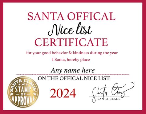 What you will receive? ( digital file only) 1) Santa's Nice List certificate   ( Name and year are editable, so you can reuse it every year! ) ---------------------------- Size: 8.5"X11"  ---------------------------- ► HOW TO USE 1. Download the file. 2. Open the file in Adobe Reader and edit. You can download Adobe Reader for free here: https://get.adobe.com/reader/ ► PLEASE NOTE Unless your phone supports editable PDF, otherwise you will not be able to edit the files on a phone. Please edit th Santa Nice List Certificate, Santa Nice List, Christmas Letter Template, Nice List Certificate, Santa's Nice List, Christmas Letter, Letters For Kids, Nice List, Letter Template