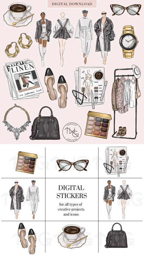 Runway Clipart Collection – TWG Designs Twg Designs, Fashion Scrapbook, Fashion Stickers, Scrapbook Elements, Project Life Cards, Fashion Clipart, Planner Covers, Planner Art, Evolution Of Fashion