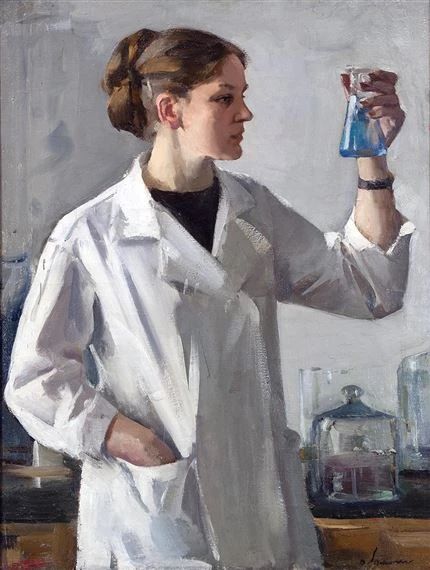 A Woman, Lab, Blue, White