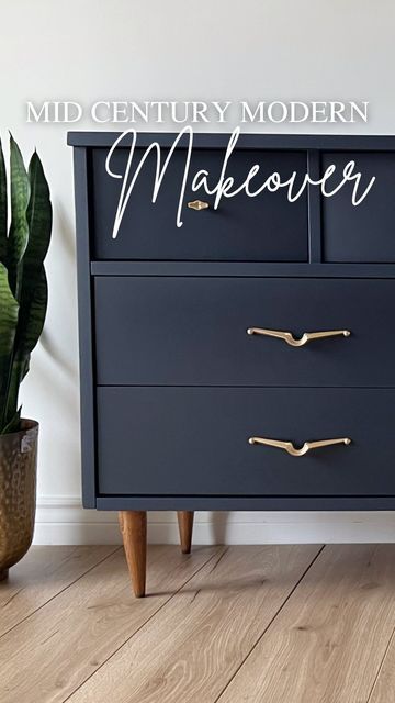 Navy Dresser With Gold Hardware, Gold Chalk Paint Furniture, Navy Blue Painted Furniture, Navy Dresser Makeover, Annie Sloan Oxford Navy, Laminate Furniture Makeover, Navy Painted Furniture, Navy Dresser, Navy Blue Dresser