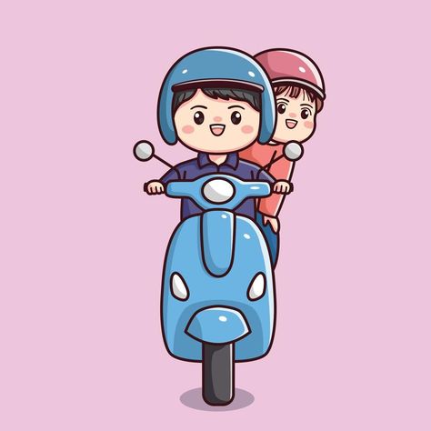 Couple On Bike Drawing, Riding A Motorcycle Drawing, Cute Drawings Couples, Motor Cartoon, Scooty Art, Friends Cute Cartoon, Motor Couple, Couple Cartoon Drawings, Couple On Bike