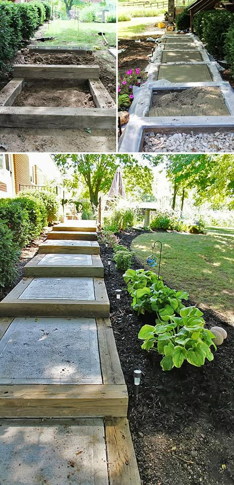 DIY Garden Steps & Stairs • Lots of ideas, tips & tutorials! Including, from 'ohio thoughts', this gorgeous hillside sidewalk and stair project. Poured Concrete Patio, Landscape Stairs, Garden Stairs, Outdoor Steps, Concrete Stairs, Sloped Garden, Garden Steps, Outdoor Stairs, Diy Stairs