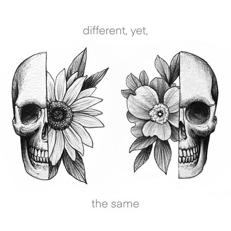 Matching non matching, complimentary you may say. Pick one or two, just for you, or you and who? ❤️❤️ #friendtattoo #friendtattoos #matchingtattoos #skulltattoo #flowerskull #floralskull #tattooideas #cutetattoos #illustrationtattoo Skull Couples Tattoo, Split Skull Tattoo, Couples Skull Tattoos, Skull Matching Tattoos, Complimentary Tattoos, Matching Skull Tattoos, Skull Couple Tattoo, Ny Tattoo, Skull Couple